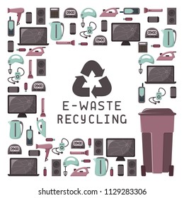 E-waste recycling card with  old appliances, dumpster and lettering. Flat style vector illustration. There is a place for your text. EPS10