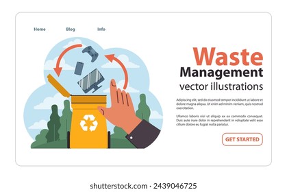 E-waste recycling initiative. A hand places electronic devices like phones, game controllers, and monitors into a bright recycling bin against a serene park backdrop. Flat vector illustration