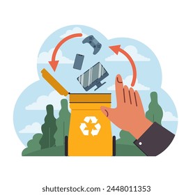 E-waste recycling initiative. A hand places electronic devices like phones, game controllers, and monitors into a bright recycling bin against a serene park backdrop. Flat vector illustration