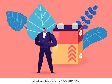 E-waste Recycling, Nature Protection Concept. Tiny Male Character Stand front of Huge Acid Rechargeable Accumulator. Reduce Earth Pollution Electronics Garbage Recycle. Cartoon Vector Illustration