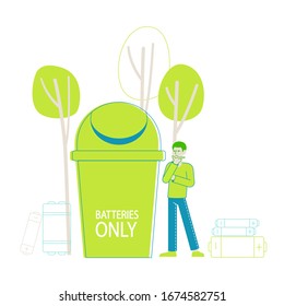 E-waste Recycling, Nature Protection Concept. Tiny Male Character Stand front of Huge Litter Bin for Accumulators and Batteries. Reduce Earth Pollution Electronics Garbage Recycle. Linear Illustration
