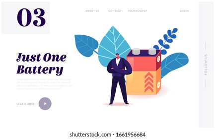 E-waste Recycling, Nature Protection Website Landing Page. Man Stand at Huge Acid Accumulator. Reduce Earth Pollution, Electronics Garbage Recycle Web Page Banner. Cartoon Flat Vector Illustration