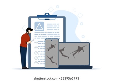 e-waste reduction concept with tiny people. Mechanical and chemical recycling, industrial waste management vector illustration. Metaphor of processing for reuse, waste disposal and utilization.