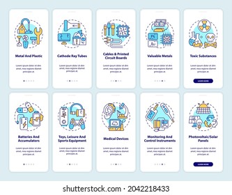 E-waste reprocess onboarding mobile app page screen with concepts set. Components, categories walkthrough 5 steps graphic instructions. UI, UX, GUI vector template with linear color illustrations