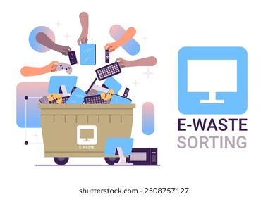 E-waste sorting concept hands placing electronic devices in bin colorful background recycling management