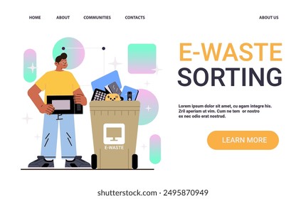 E-waste sorting concept man recycling electronics colorful background trash bin website design