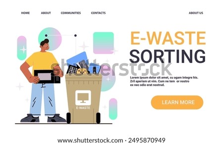 E-waste sorting concept man recycling electronics colorful background trash bin website design