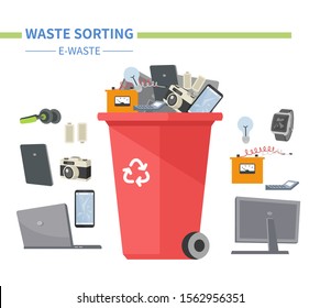 E-waste sorting - modern flat design style illustration. Recyclable litter, smart devices, gadgets and a special red bin. Tablets, computers, smartphones recycling idea. Eco lifestyle theme