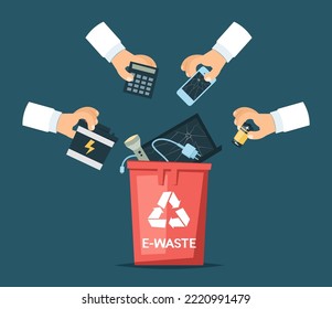 E-waste Trash Bin With Hands Holding Trash. Cartoon Style Vector Illustration