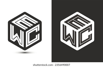 Diseño del logotipo de la letra EWC con el logotipo del cubo ilustrador, logotipo vectorial estilo moderno de superposición de tipos de letra del alfabeto. Icono del logotipo de Premium Business. Color blanco sobre fondo negro