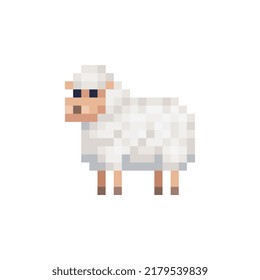 Ewe. Sheep pixel art icon. Cute lamb flat style character isolated vector illustration. Element design for children's mobile application. Video game sprite.