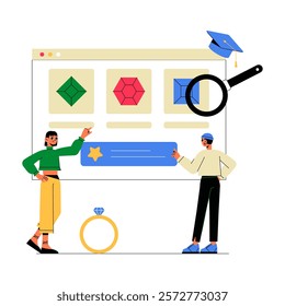 ewelry Buyers Exploring Online Options With Magnifying Glass In Flat Vector Illustration Symbolizing E Commerce And Jewelry Selection, Isolated On White Background.
