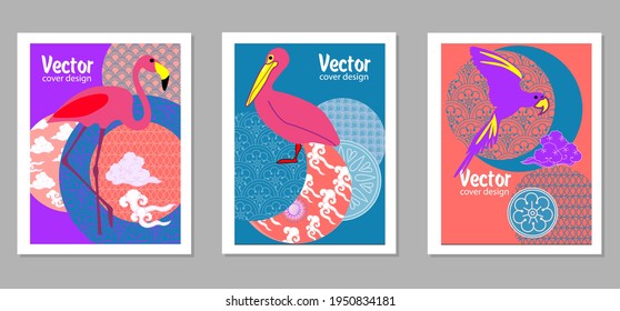 Сover  ewith pelican, parrot, flamingo and Patterns in a modern style, geometric shapes. Applicable for posters, brochures, posters, covers and banners.