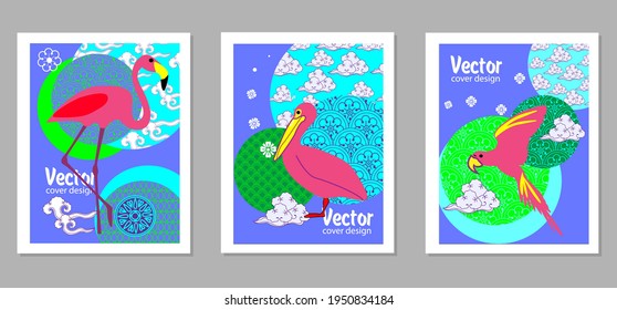 Сover  ewith pelican, parrot, flamingo and Patterns in a modern style, geometric shapes. Applicable for posters, brochures, posters, covers and banners.