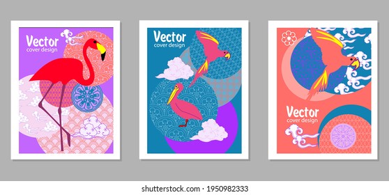 Сover  ewith pelican, parrot, flamingo and Patterns in a modern style, geometric shapes. Applicable for posters, brochures, posters, covers and banners.