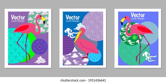 Сover  ewith pelican, parrot, flamingo and Patterns in a modern style, geometric shapes. Applicable for posters, brochures, posters, covers and banners.