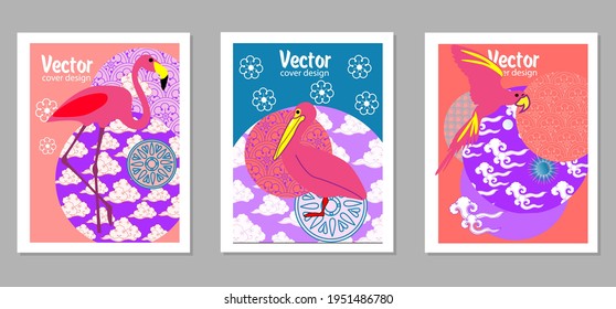 С con pelícano, loro, flamingo y patrones en un estilo moderno, geométrico. Aplicable a carteles, folletos, carteles, portadas y pancartas.