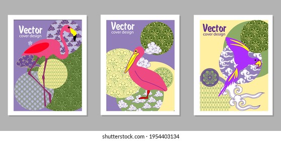 Сover  ewith pelican, parrot, flamingo and Patterns in a modern style, geometric shapes. Applicable for posters, brochures, posters, covers and banners.
