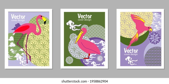 С mit Pelikan, Papagei, Flamingo und Mustern in einem modernen Stil, geometrischen Formen. Anwendbar für Poster, Broschüren, Poster, Cover und Banner.