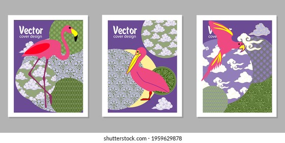 Сover  ewith pelican, parrot, flamingo and Patterns in a modern style, geometric shapes. Applicable for posters, brochures, posters, covers and banners.