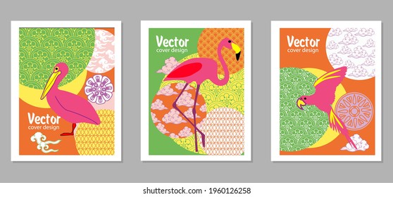 С con pelícano, loro, flamingo y patrones en un estilo moderno, geométrico. Aplicable a carteles, folletos, carteles, portadas y pancartas.