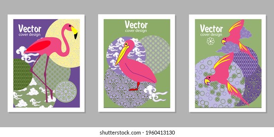 Сover  ewith pelican, parrot, flamingo and Patterns in a modern style, geometric shapes. Applicable for posters, brochures, posters, covers and banners.
