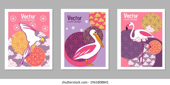 С mit Pelikan, Papagei, Flamingo und Mustern in einem modernen Stil, geometrischen Formen. Anwendbar für Poster, Broschüren, Poster, Cover und Banner.