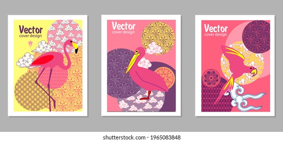 Сover  ewith pelican, parrot, flamingo and Patterns in a modern style, geometric shapes. Applicable for posters, brochures, posters, covers and banners.