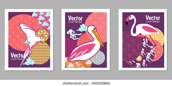 Сover  ewith pelican, parrot, flamingo and Patterns in a modern style, geometric shapes. Applicable for posters, brochures, posters, covers and banners.