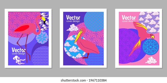 Сover  ewith pelican, parrot, flamingo and Patterns in a modern style, geometric shapes. Applicable for posters, brochures, posters, covers and banners.