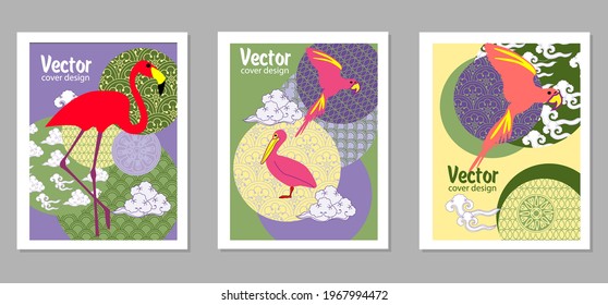 Сover  ewith pelican, parrot, flamingo and Patterns in a modern style, geometric shapes. Applicable for posters, brochures, posters, covers and banners.