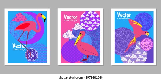 Сover  ewith pelican, parrot, flamingo and Patterns in a modern style, geometric shapes. Applicable for posters, brochures, posters, covers and banners.