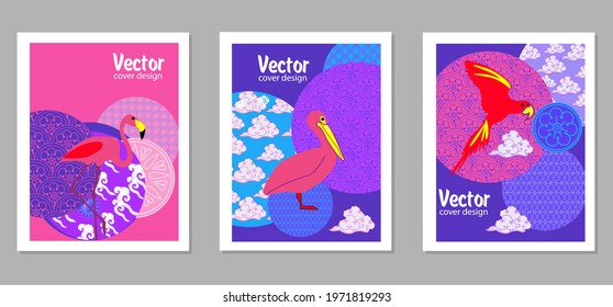 Сover  ewith pelican, parrot, flamingo and Patterns in a modern style, geometric shapes. Applicable for posters, brochures, posters, covers and banners.