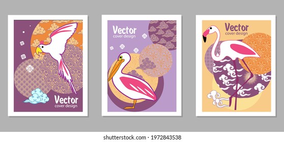 Сover  ewith pelican, parrot, flamingo and Patterns in a modern style, geometric shapes. Applicable for posters, brochures, posters, covers and banners.