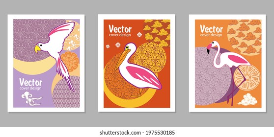 Сover  ewith pelican, parrot, flamingo and Patterns in a modern style, geometric shapes. Applicable for posters, brochures, posters, covers and banners.