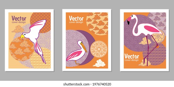 Сover  ewith pelican, parrot, flamingo and Patterns in a modern style, geometric shapes. Applicable for posters, brochures, posters, covers and banners.