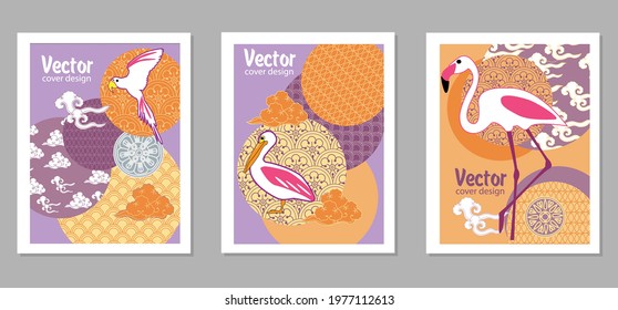 Сover  ewith pelican, parrot, flamingo and Patterns in a modern style, geometric shapes. Applicable for posters, brochures, posters, covers and banners.