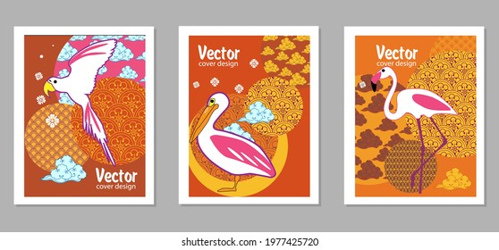 Сover  ewith pelican, parrot, flamingo and Patterns in a modern style, geometric shapes. Applicable for posters, brochures, posters, covers and banners.