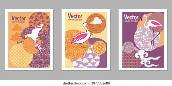 Сover  ewith pelican, parrot, flamingo and Patterns in a modern style, geometric shapes. Applicable for posters, brochures, posters, covers and banners.