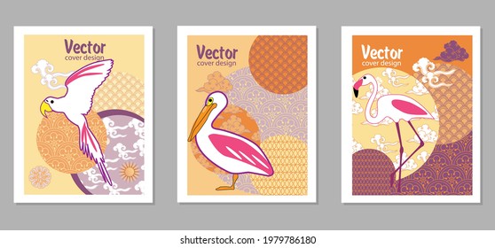 Сover  ewith pelican, parrot, flamingo and Patterns in a modern style, geometric shapes. Applicable for posters, brochures, posters, covers and banners.