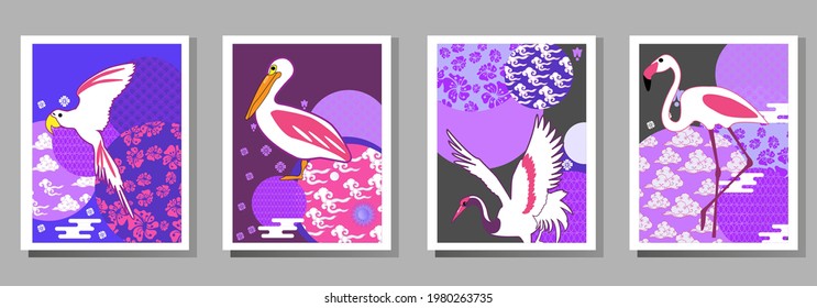 Сover  ewith pelican, parrot, flamingo and Patterns in a modern style, geometric shapes. Applicable for posters, brochures, posters, covers and banners.