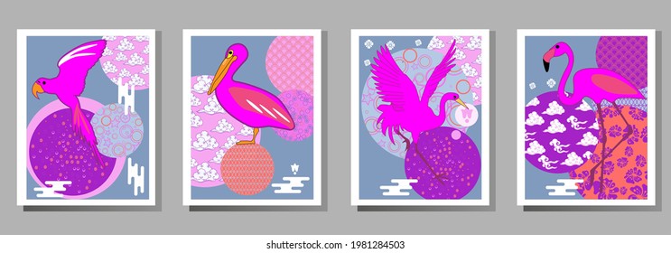 Сover  ewith pelican, parrot, flamingo and Patterns in a modern style, geometric shapes. Applicable for posters, brochures, posters, covers and banners.