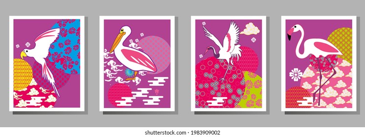 Сover  ewith pelican, parrot, flamingo and Patterns in a modern style, geometric shapes. Applicable for posters, brochures, posters, covers and banners.