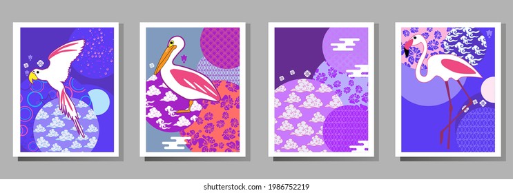 Сover  ewith pelican, parrot, flamingo and Patterns in a modern style, geometric shapes. Applicable for posters, brochures, posters, covers and banners.