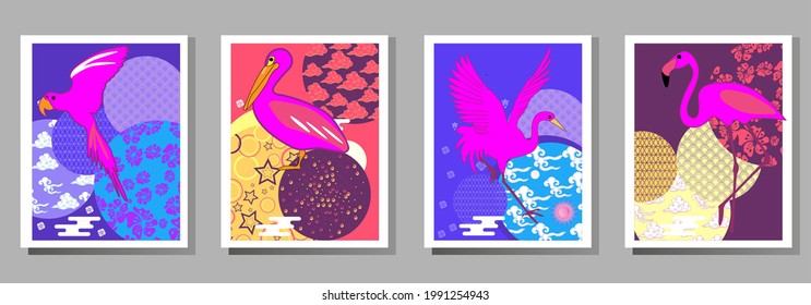 Сover  ewith pelican, parrot, flamingo and Patterns in a modern style, geometric shapes. Applicable for posters, brochures, posters, covers and banners.