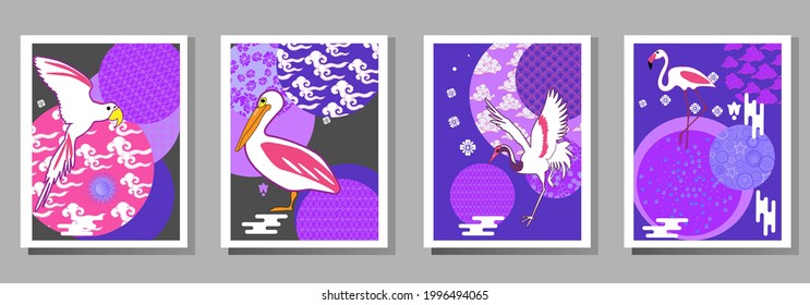 Сover  ewith pelican, parrot, flamingo and Patterns in a modern style, geometric shapes. Applicable for posters, brochures, posters, covers and banners.