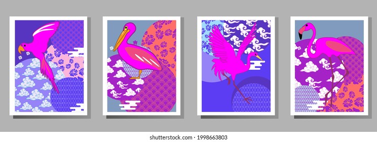 С mit Pelikan, Papagei, Flamingo und Mustern in einem modernen Stil, geometrischen Formen. Anwendbar für Poster, Broschüren, Poster, Cover und Banner.