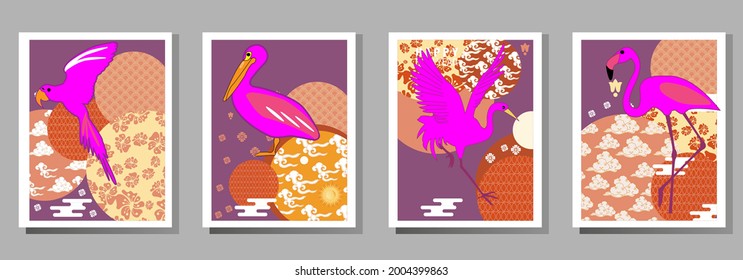 Сover  ewith pelican, parrot, flamingo and Patterns in a modern style, geometric shapes. Applicable for posters, brochures, posters, covers and banners.