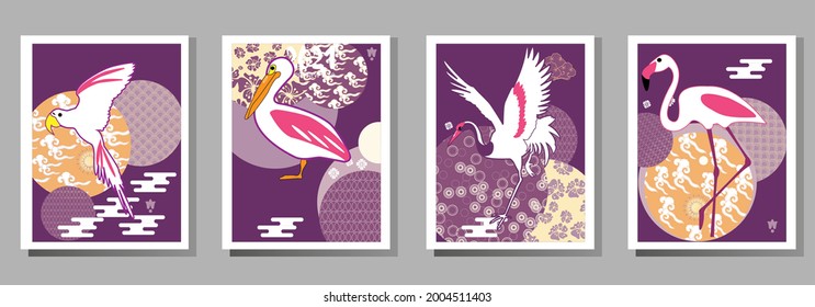 Сover  ewith pelican, parrot, flamingo and Patterns in a modern style, geometric shapes. Applicable for posters, brochures, posters, covers and banners.