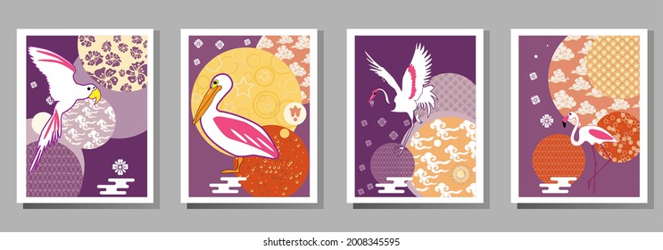 Сover  ewith pelican, parrot, flamingo and Patterns in a modern style, geometric shapes. Applicable for posters, brochures, posters, covers and banners.